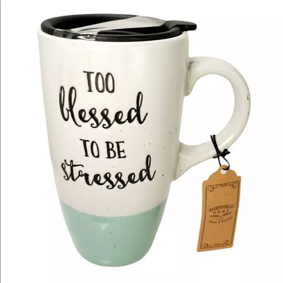 NWT Sheffield home 16 Oz Travel Mug with Lid Too Blessed To Be Stressed White - Picture 1 of 9